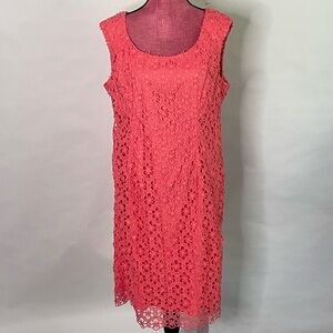 Adrianna Papell sleeveless lined floral eyelet dress in Coral. Size 16